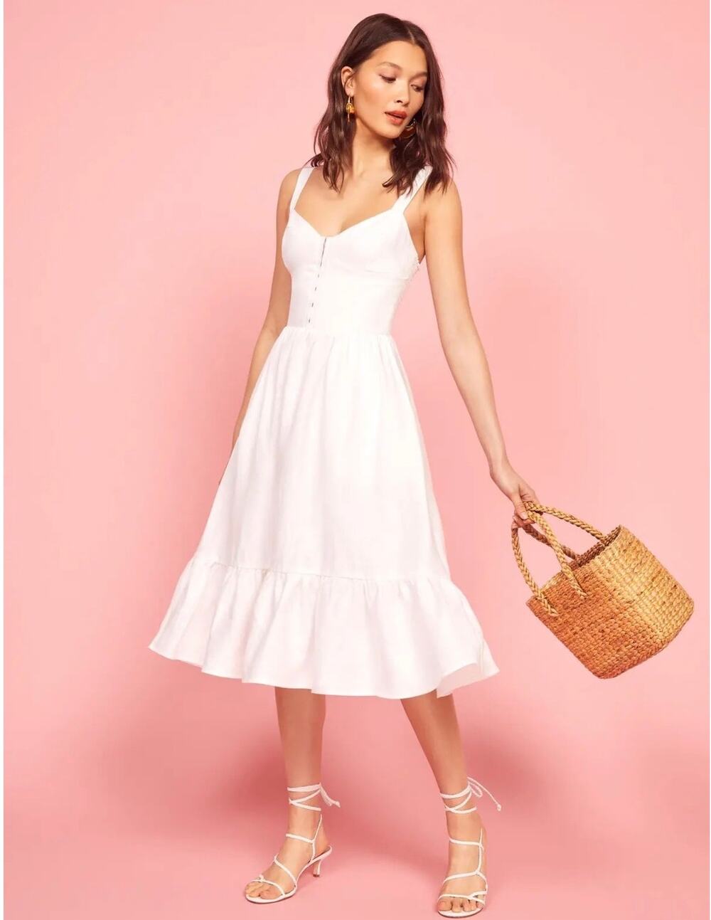 Reformation White Linen Midi Dress Size 2 Corset Bodice Smocked Back